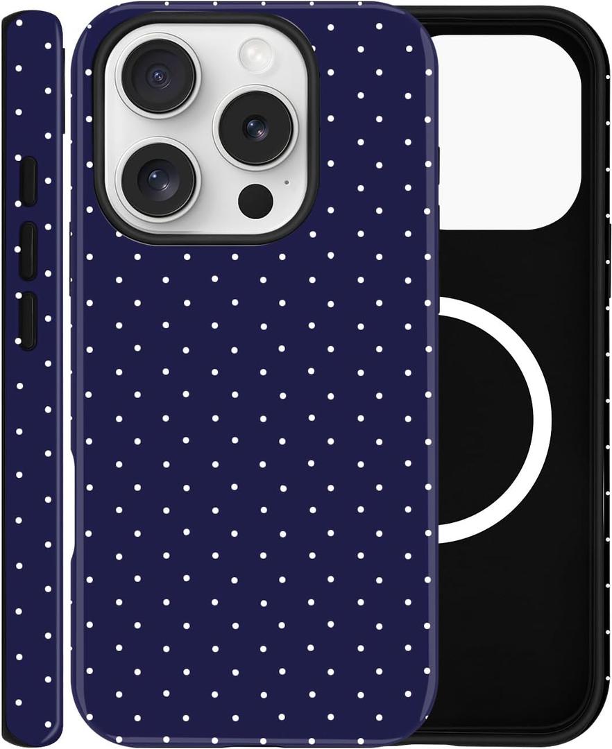 Magnetic Case for iPhone 15 Pro, Compatible with MagSafe, Aesthetic Polka Dot Cute Design for Women, Hybrid 2-Layer Hard Shell Phone Cover, Blue