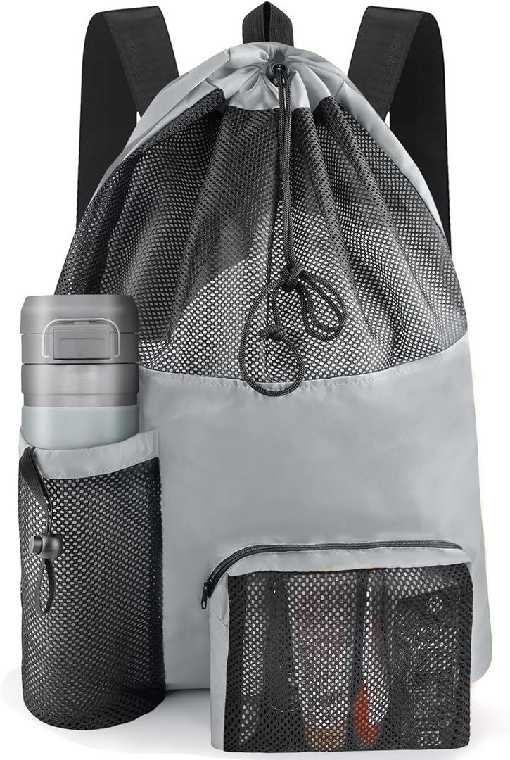 HOHOM Swim Mesh Beach Bag, Waterproof Gym Bags for Women and Men, Large Pool Bag Swimming Gear Drawstring Backpack (Slate Gray)