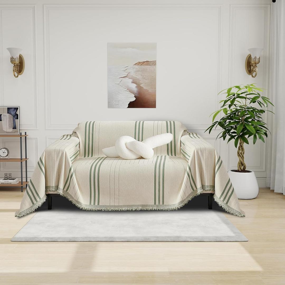 DREAMINGO Armchair Cover Washable Chenille Sofa Protector for Pet Kids Beige Green Chair Couch Covers for 1 Cushion Couch Stripe Jacquard Versatile Sofa Throw Slipcover for Futon Couch, 71"x91"