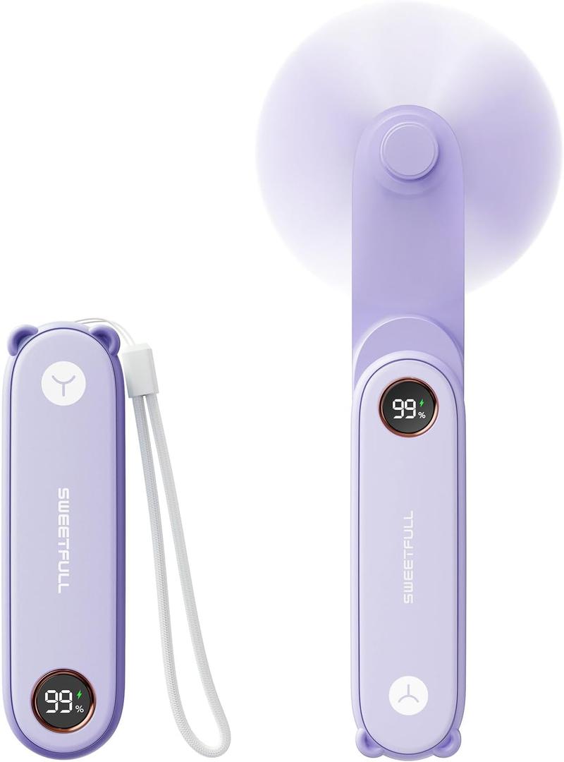 SWEETFULL Portable Handheld Mini Fan with LED Display, 3-in-1 Personal Foldable USB Rechargeable Hand Held Fan & Flashlight for Travel, Lash Eyelash, Cute Small Pocket for Women, Girls (Violet)