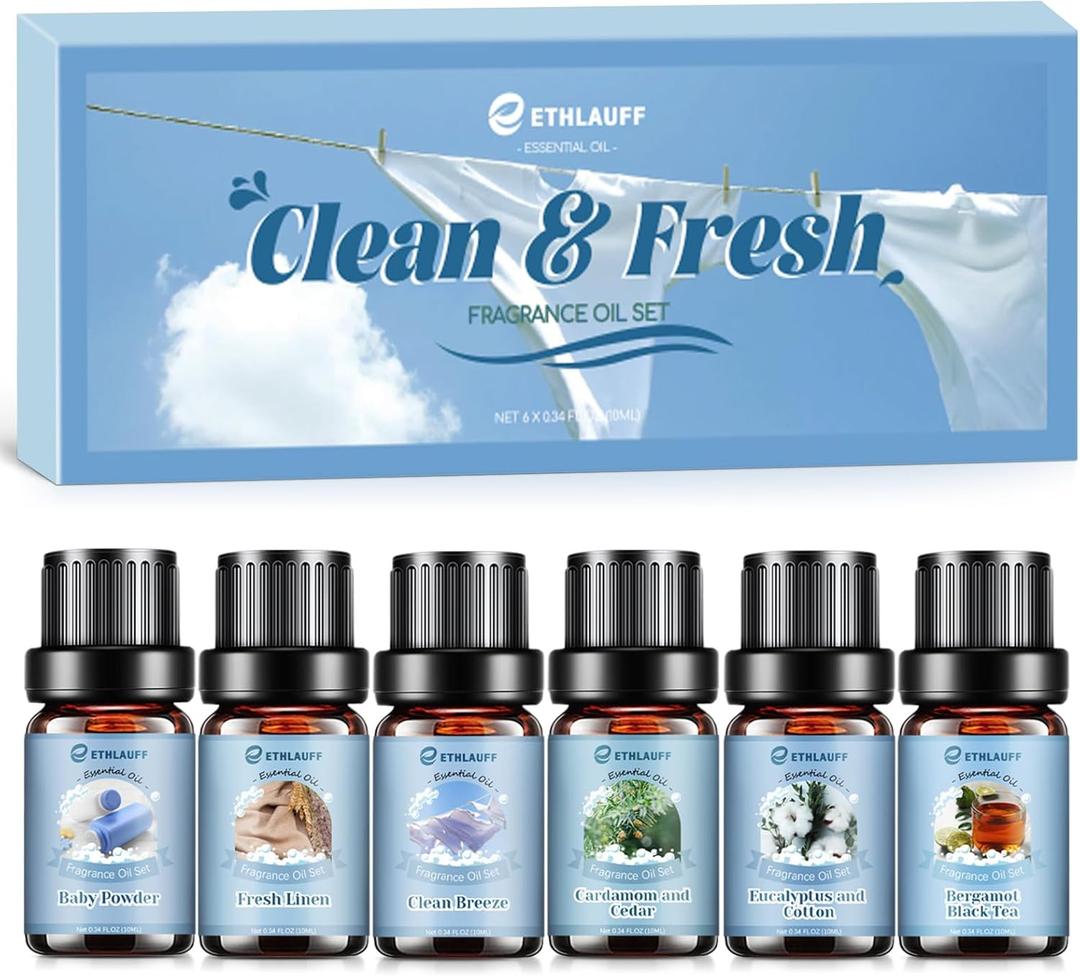 Clean Essential Oils Set, Laundry Collection Essential Oils Set, Pack of 6 Fragrance Oil for Diffuser for Home, Use with Wool Dryer Balls Scents - Fresh Linen, Clean Breeze, Eucalyptus and Cotton (0.34 Fl Oz (Pack of 6))