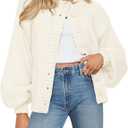 MEROKEETY Women's Fall Long Lantern Sleeve Cardigan Sweaters Casual Button Down Crewneck Open Front Coat (White, M)