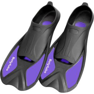 Belyfuko Short Swim Fins, Adult Kids Snorkel Fins for Lap Swimming Diving Snorkeling Travel Size with Mesh Bag, Purple, L