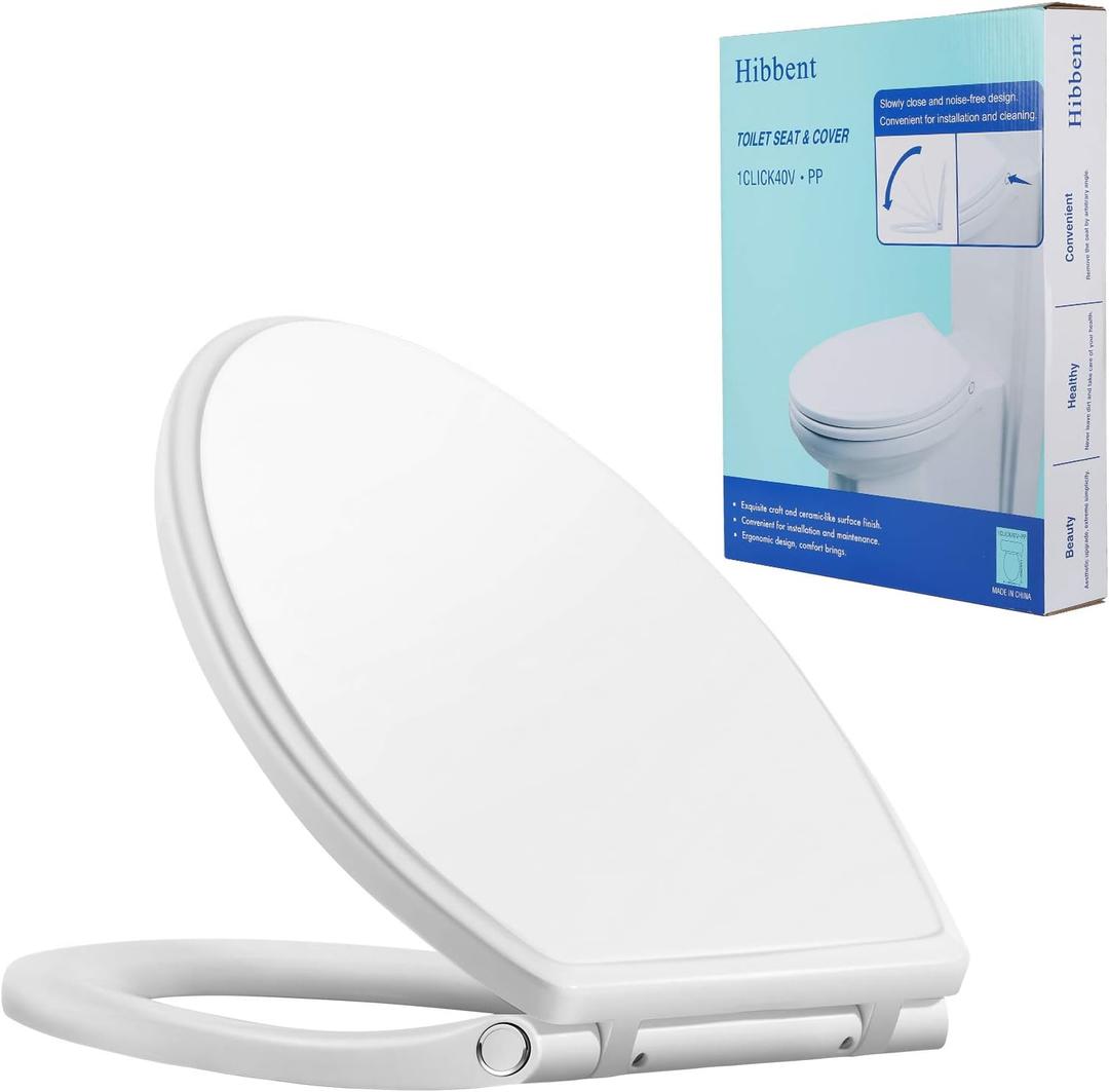 Hibbent Premium Elongated Toilet Seat with Cover Quiet Close, One-Click to Quick Release, Easy Installation Non-Slip Seat Bumpers, Slow Close Toilet Seat and Cover, Easy Cleaning-White Color (One-click Elongated 18.5'')