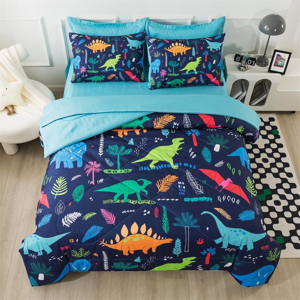 qjmiaofang Dinosaur Bedding Twin Kids Jungle Dinosaur Comforter Set 5Pcs Boys Teens Dinosaur Bed Set with Blue Sheets All Season Wildlife T-Rex Dino Bed in A Bag Animal Printed Decor with Pillowcases