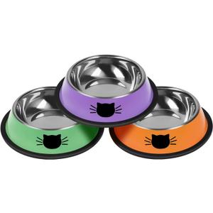 3 Pcs Non-Slip Stainless Steel Small Cat Food Bowls - Unbreakable, Thicken 7 Oz Cat Dishes - Indoor, Removable Rubber Base, Easily Clean, Lovely Color (Purple, Green, Orange)