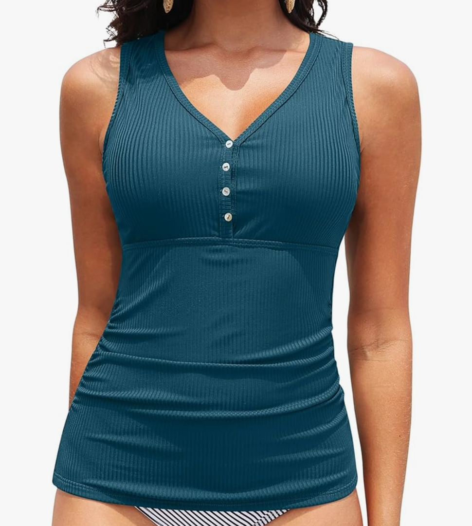 Women Tankini Top Only - Ribbed Swimsuit Top Tummy Control Bathing Suit Top Only No Bottom 2025 Swim Tank Top, S