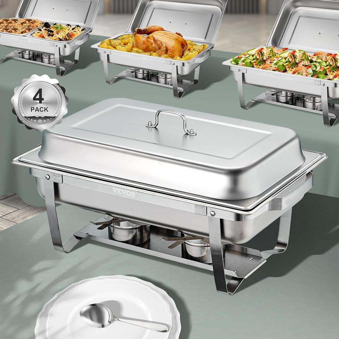 VEVOR Chafing Dish Buffet Set, 8 Qt 4 Pack, Stainless Chafer w/ 4 Full Size Pans, Rectangle Catering Warmer Server w/ Lid Water Pan Folding Stand Fuel Tray Holder Spoon Clip, at Least 8 People Each