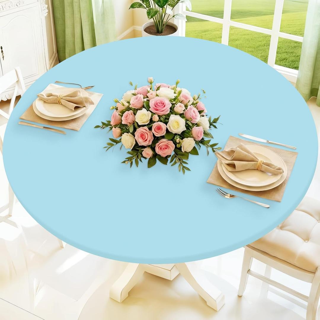 Moosfor Round Spandex Tablecloth, Elastic Fitted Waterproof Tablecloths for 45"-56" Tables, Stretch Washable Picnic Table Cover for Camping, Dining, Indoor and Outdoor, Baby Blue