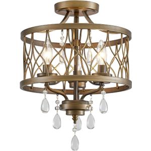Farmhouse Crystal Ceiling Light Fixture, 3-Light Semi Flush Mount Crystal Chandelier Light Fixture Rustic Vintage Bronze Pendant Ceiling Lamp for Hallway Corridor Kitchen Entryway Bedroom Living Room (16" High 12.8" Wide)