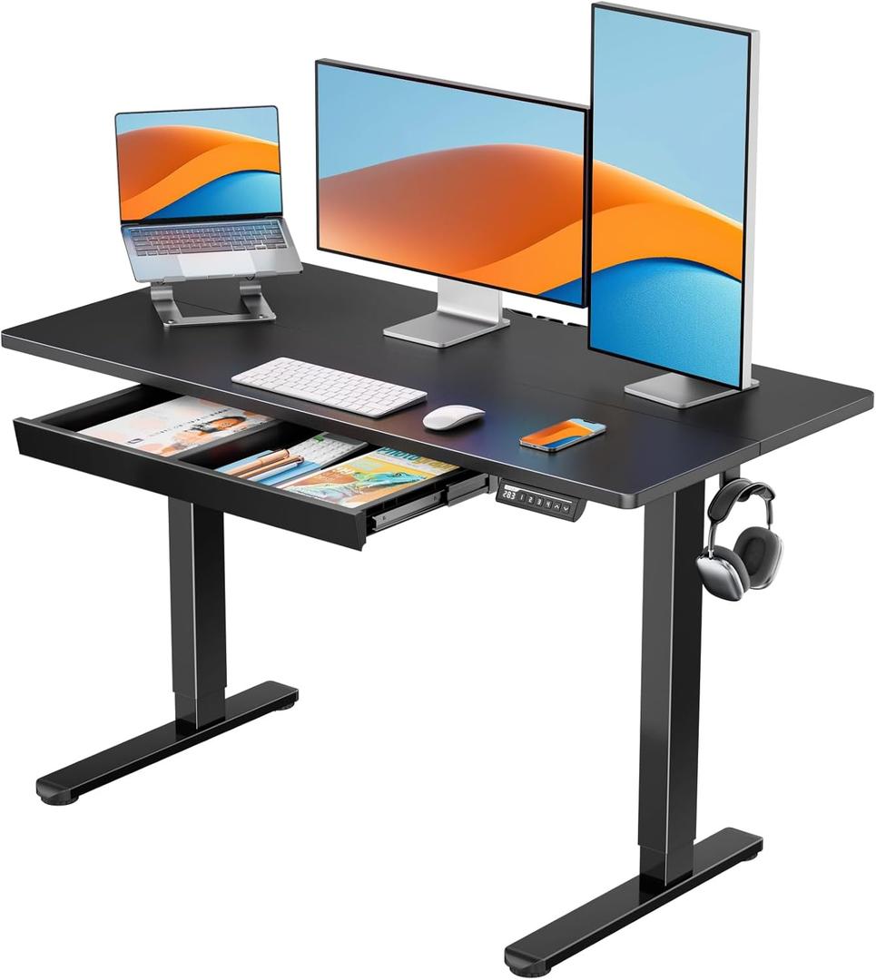 ErGear 48" x 24" Electric Standing Desk with Drawers, Height Adjustable Desk with 4 Preset Heights, Ergonomic Rising Home Office Computer Table with Splice Board, Black (48*24, Black)