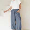 Xiaoxuemeng Womens Wide Leg Pants Cotton Linen Barrel Pants Elastic Waisted Lounge Trousers with Pockets (Blue, XS)
