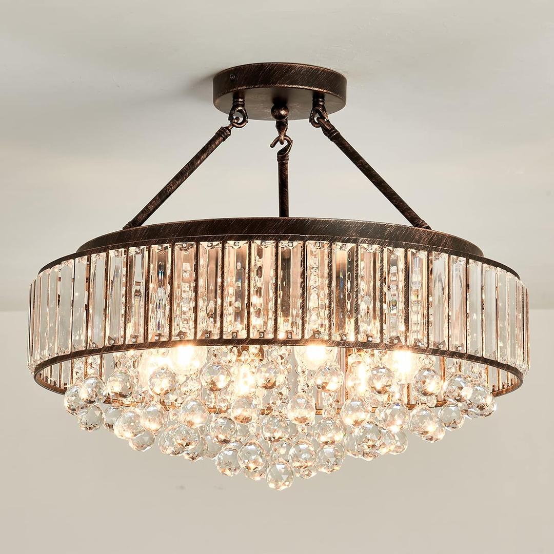YYJLX 6 Light Modern Crystal Oil Rubbed Bronze Metal Semi Flush Mount Ceiling Light Fixture E26 Indoor Round Ceiling Lamp for Dining, Living, Foyer, Kitchen, Bedroom (Bronze)