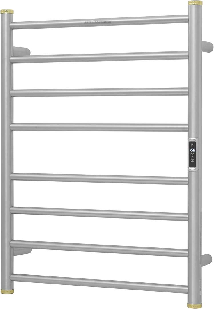 Electric Towel Warmer Rack,Heating Towel Warmer,Timer & Temperature Control,Wall-Mounted Plug-in for Bathroom,Brushed,Stainless Steel,8-Bar(27.56x20.87x4.41in) (Round-matte Brushed With Gold Top)