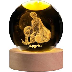 3D Laser Etched Aquarius Crystal Ball with LED Light Stand, Constellation Decor Glass Sphere Lamp, Zodiac Astrology Birthday Gifts for Women Kids