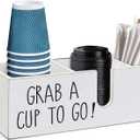 Coffee Station Organizer for Countertop, Cup and Lid Holder for Cup Lid Sleeve Pods Condiment, Wooden Disposable Cup Dispenser Holder for Bar Accessories Organizer Storage (White)