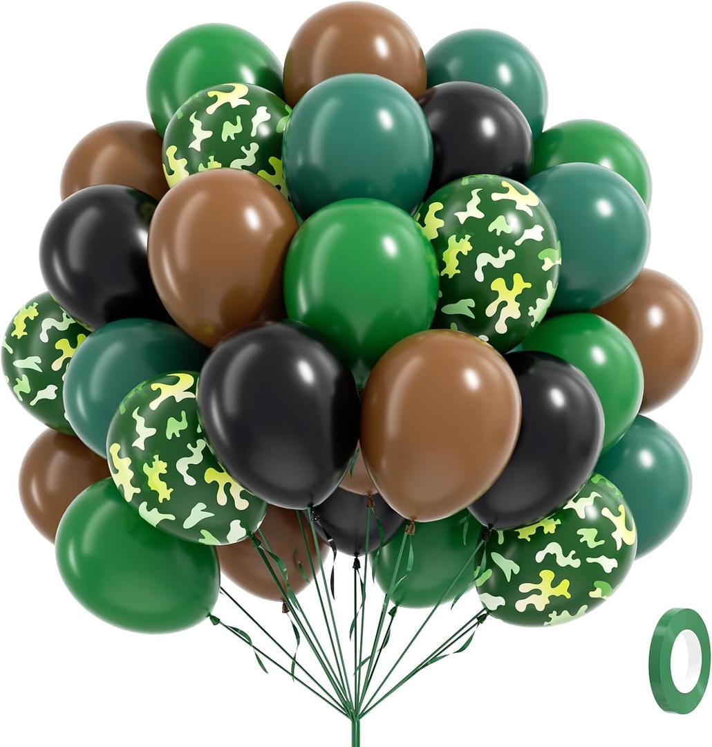 60pcs 12inch Camo Balloons, Green and Brown balloons with Dark Green Black Balloons for Hunting Camping Game Jungle Theme Camo Birthday Party Decorations