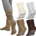 Jspupifip 4 Pairs Pilates Socks with Grips for Women, Long Slouch Non Slip Yoga Scrunch Socks for Barre Hospital Workout (Beige, Coffee, Khaki, Light Gray)