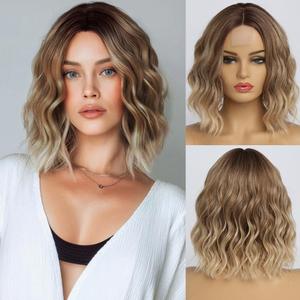 Short Ombre Blonde Wavy Wig for Women 14 Inch Shoulder Length Middle Part Curly Wavy Bob Wig Natural Looking Synthetic Heat Resistant Fiber Wig for Daily Party Use
