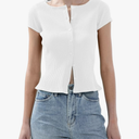 Ribbed Button Down T Shirts for Women Short Sleeve Going Out Tops Cropped Fitted Knit Blouses, Size M