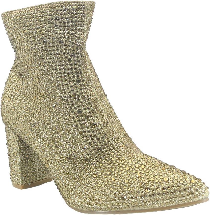 ABSOLEX Women Pointed Toe Rhinestone Block Medium Heel Ankle Booties (8.5, Gold)