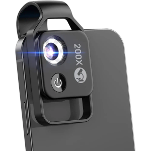 200X Phone Mini Pocket Microscope with LED Light/Universal Clip, Nano Zoom Portable Digital Microscope Camera Attachments for 99% Smartphone, Microworld for Kids Adults(Black 200X with CPL)