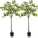 Jexine 2 Pack Artificial Lemon Tree 5 ft Tall Fake Plant Pre Potted Faux Lemon Tree Realistic Fruits for Indoor Home Decor Office Living Room
