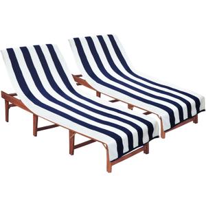 COTTON CRAFT Pool Lounge Chair Cover - 2 Pack Cabana Stripe Waffle Weave | Oversized Euro Spa 32 W x 82 L & 7 inch Pocket Beach Chaise Cover - Soft Absorbent 450 GSM 100% Cotton Beach Towel - Navy