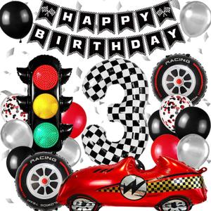 Race Car Birthday Party Decorations, with 40 Inch Number 3 Balloon, Happy Birthday Banner, Traffic Light and Foil Tire Balloon for 3rd Car Themed Birthday Party Supplies