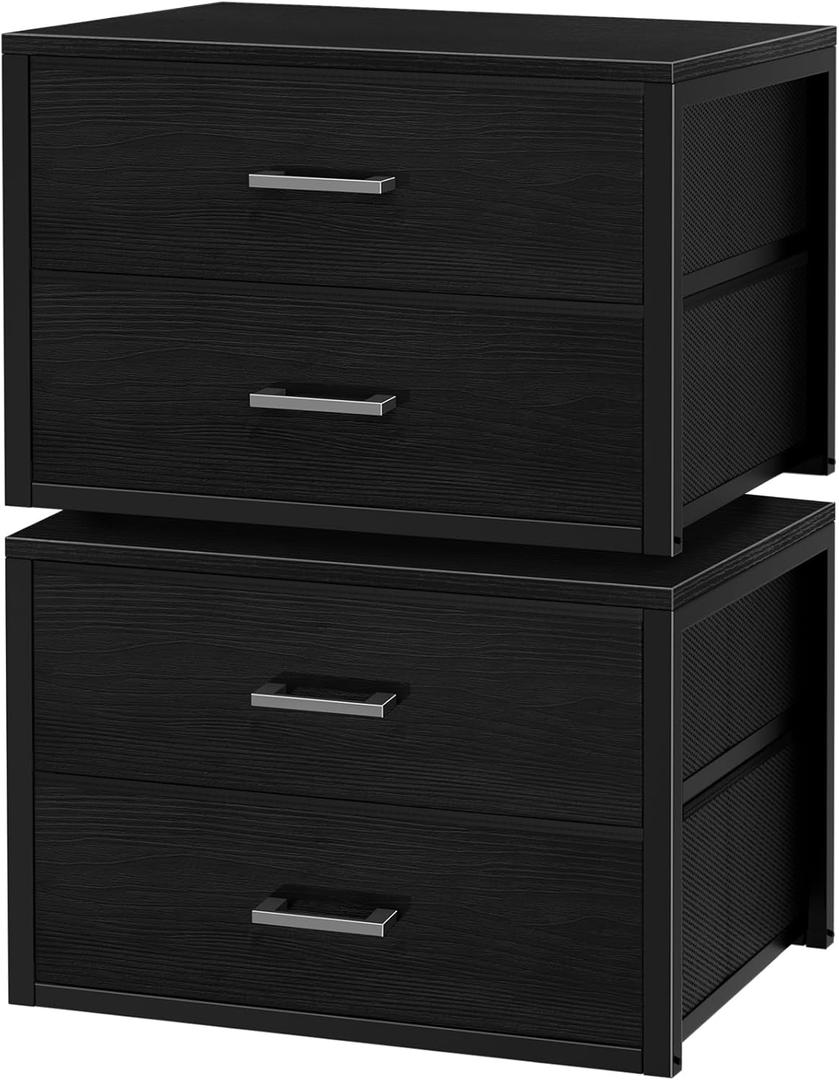 BOLUO Stackable Storage Drawers Closet Organizers and Storage Fabric 2 Drawer Dresser for Bedroom Set of 2 Black Modern (L(15.7"D x 21.1"W x 16.1"H))
