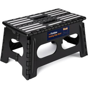 Flottian 9" Folding Step Stool for Adults and Kids 15-Inch Extra Wide Stool Holds Up to 300 lbs, Non-Slip Folding Stools with Handle, Compact Plastic Foldable Step Stool for Bathroom, Kitchen, ect, Black