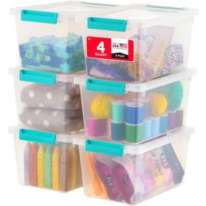 IRIS USA 4 Qt. Craft Storage Bins with Lids, 6-Pack, |Made in USA|, Clip Box, Small Plastic Sensory Bin Tote Organizer Containers for Art Supplies, Paper, & Office, Stackable - Clear/Seafoam Blue