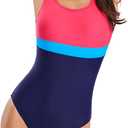 Womens One Piece Swimsuit Scoop Open Back Athletic Training Swimwear Color Block Sport Bathing Suit (S)