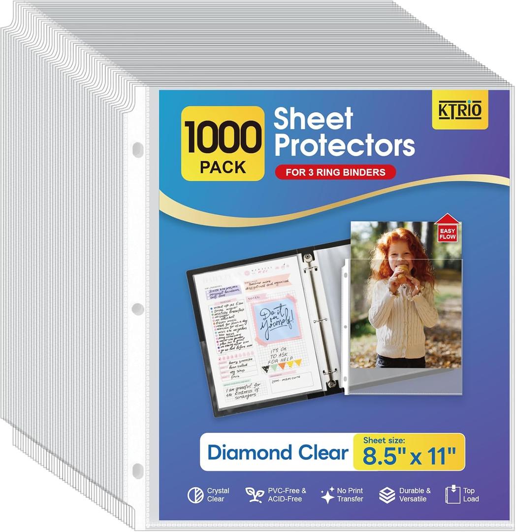 KTRIO Sheet Protectors 8.5 x 11 Inch, Clear Top Loading Page Protectors for 3 Ring Binder, Polypropylene Plastic Sleeves, Letter Size Document Protectors, Office & Home, 1000 Pack