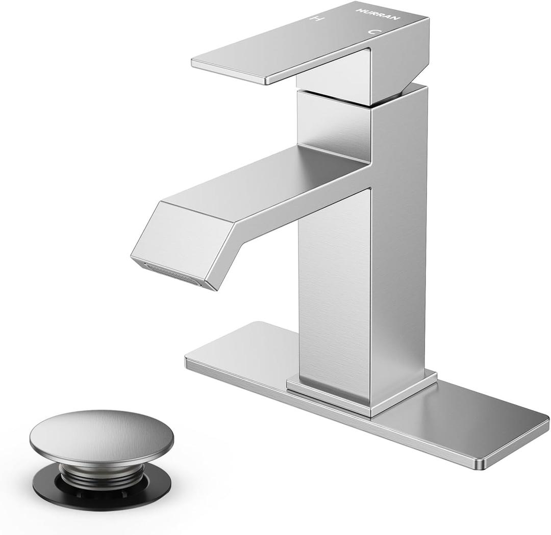 Single Handle Bathroom Faucets, HURRAN Brushed Nickel Bathroom Sink Faucet Stainless Steel Vanity Faucet(1 Hole or 3 Holes), Modern Basin Faucets for RV Restroom Sink with Deck Plate and Pop-up Drain