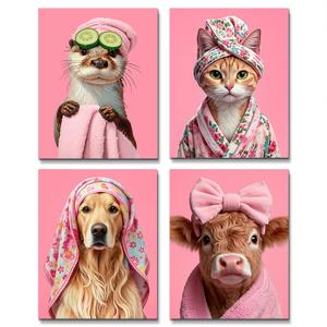 Pink Animals Bathroom Wall Art Decor,Funny Dog,Cow,Cat Bathroom Canvas Printing,Animal Art Posters Cute Girl Bedroom Wall Decoration Set of 4 (8x10inch,Unframed)