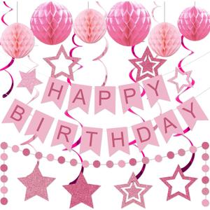 Pink Birthday Decorations - Happy Birthday Pink Banner Paper Pom Poms Star Garland Hanging Swirls Streamer Light Pink Party Decorations for Girls Women