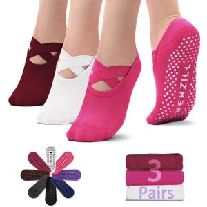 NEWZILL Non Slip Yoga Socks for Women, Grips Socks with Cushion for Pilates Barre Ballet Dance Hospital (3 Pairs) (One Size, 3 Pairs-white/Red/Pink)