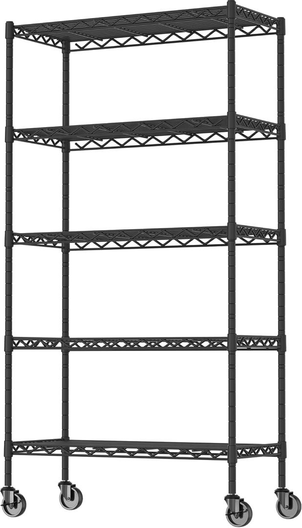 5-Shelf Adjustable Heavy Duty Storage Shelving Unit on 4 Wheel Casters, Metal Organizer Wire Rack for Laundry Bathroom Kitchen Pantry Closet, Black
