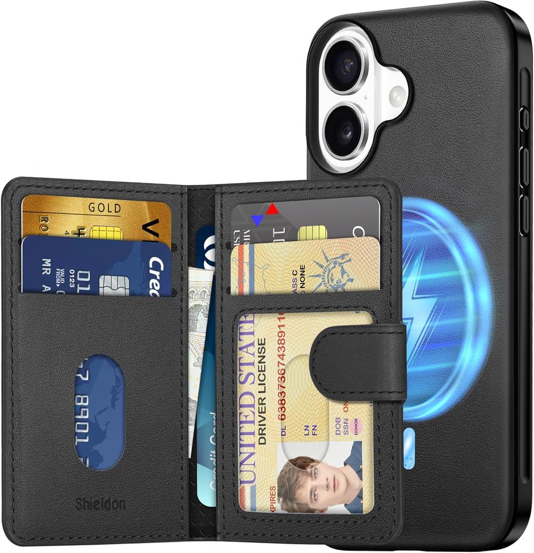 SHIELDON Wallet Case for iPhone 16 6.1", Genuine Leather Detachable Magnetic RFID Blocking 6 Card Slots, Slim Wireless Charging Protective Phone Case Compatible with iPhone 16 2024 - Nappa Black