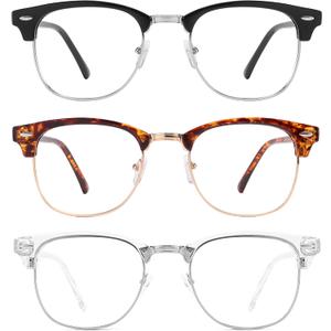 Przene Blue Light Blocking Glasses for Men Women Retro Round Semi Rimless UV400 Computer Eyewear 3-Pack Black/leopard/transparent