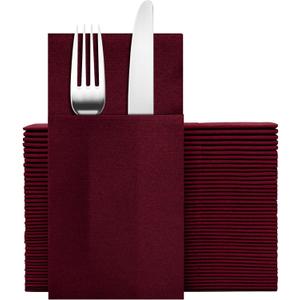 Dark Burgundy Napkins Hand Towels Disposable, Linen Feel Dinner Napkins with Prefolded Built-in Flatware Pocket, Guest Paper Hand Towels For Wedding, Dinner Or Party (16x16in, 50Pack
