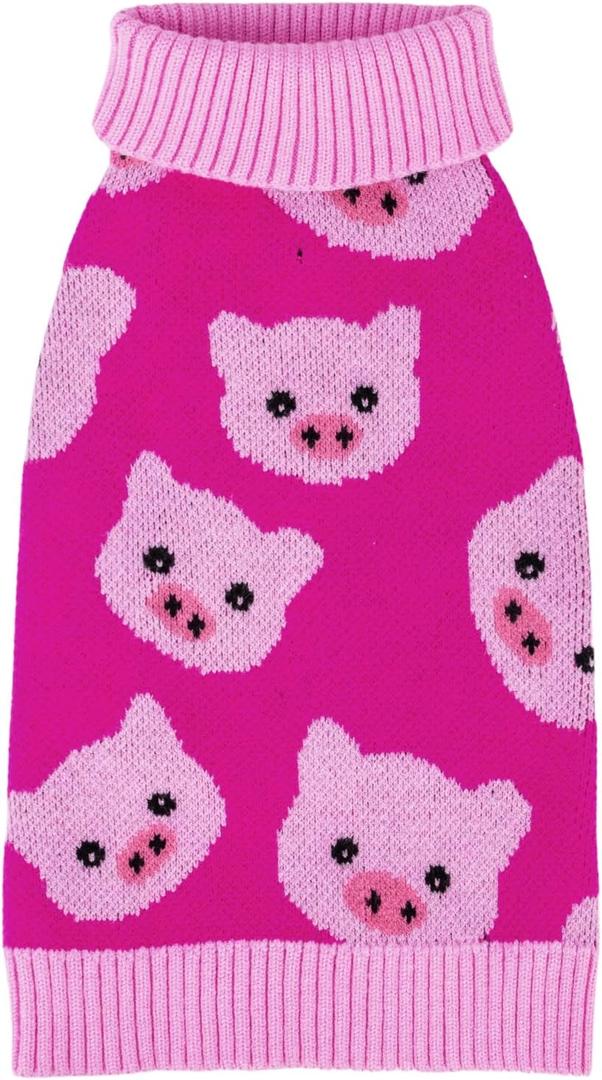 CuteBone Dog Sweater for Small Dogs Pink Pig Knit Puppy Sweater Turtleneck Pet Winter Clothes Cat Apparel with Harness Hole, Small