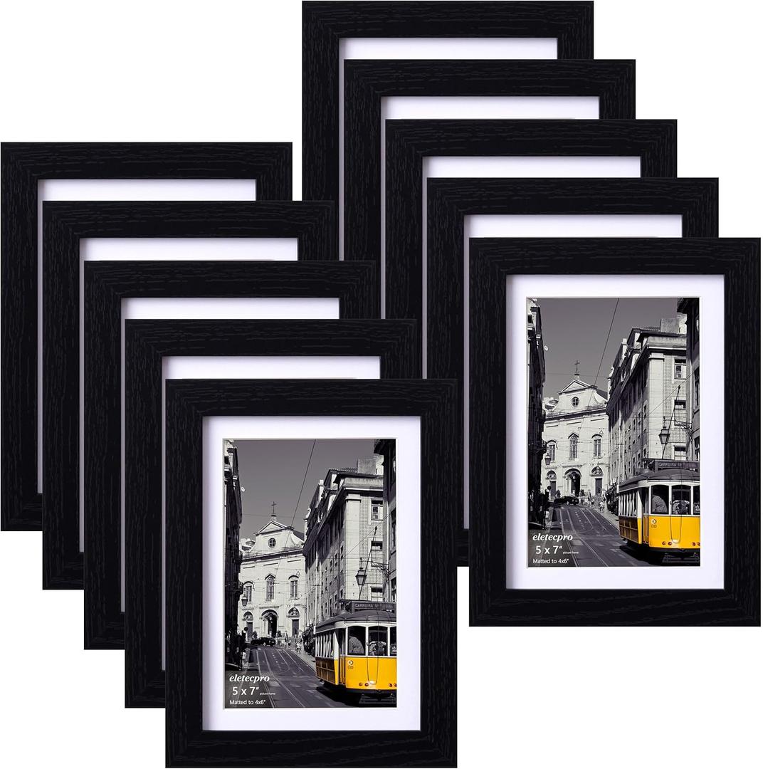 eletecpro 5x7 Picture Frames Set of 10 with Clear Acrylic Cover, Tabletop Decor, Displays 4x6 Photos with Mat or 5x7 Without, Horizontal or Vertical, Desktop Stand, Black