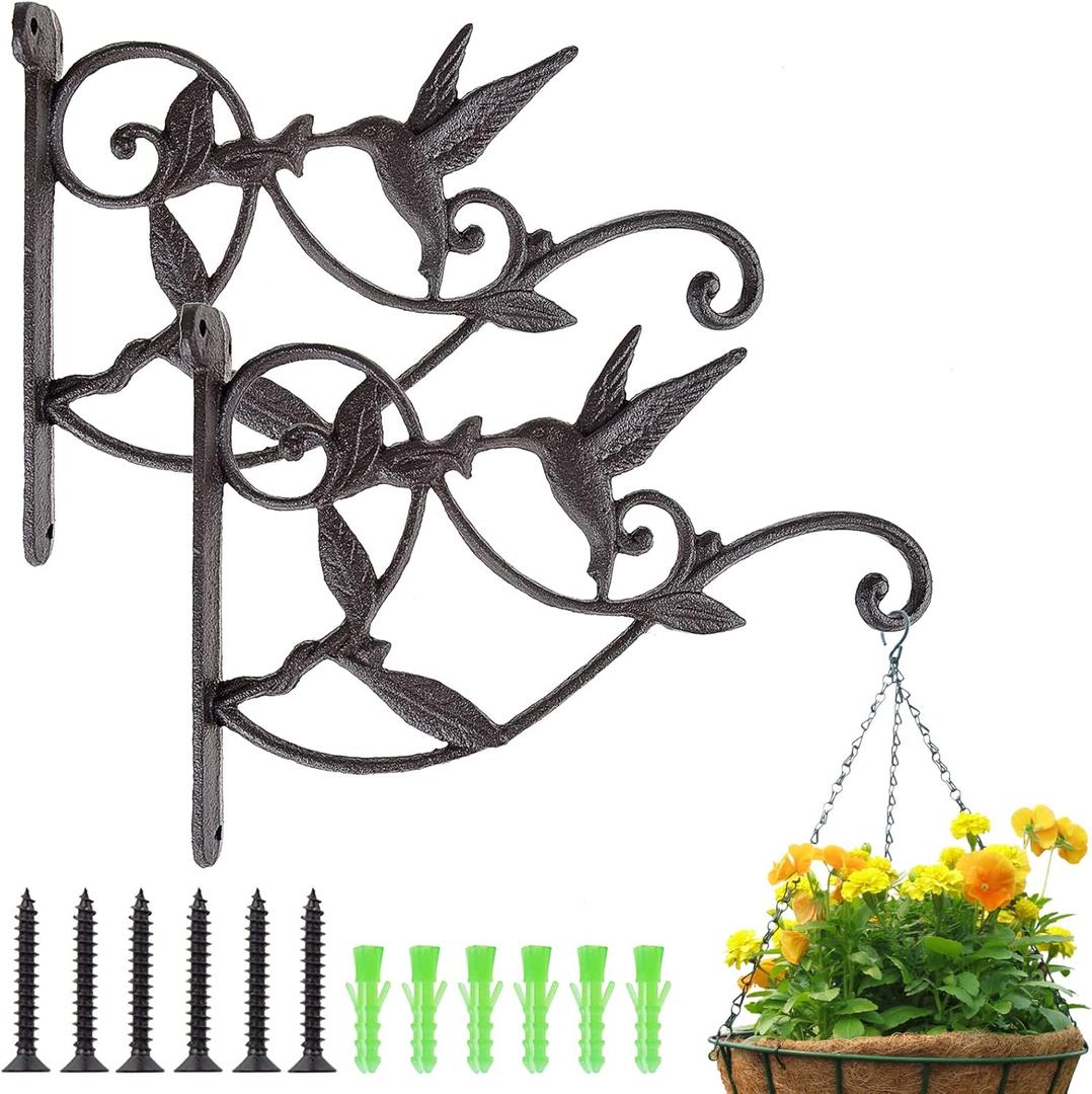 DEWEL 2 Pack Heavy Duty Iron Hanging Plant Bracket, Outdoor Wall Plant Hangers for Hanging Baskets, Bird Feeder, Flower Pot, Lantern, Wind Chime – Decorative Black Hook