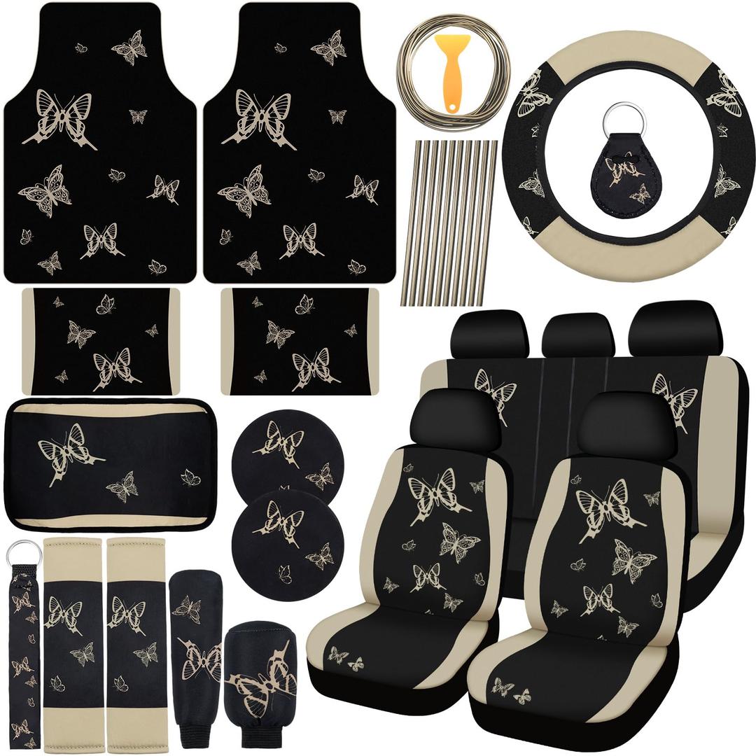 BBTO 47 Pcs Butterfly Car Seat Full Set Butterfly Car Accessories for Women 5 Front Rear Seat Covers Wrist Strap 2 Pieces Cup Mat Armrest Pad 2 Belt Cover Accessories for SUV(Cream-Colored，Black) 