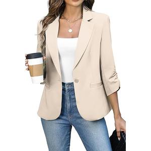 ELLEVEN Women's Ruched 3/4 Sleeve Blazers, Lightweight Slim Fit Jackets with Padded Shoulder for Business Casual,  XL ( BEIGE )