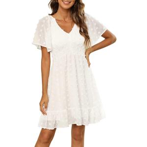 Zattcas Womens 2025 Summer Smocked Dress Short Flutter Sleeve V Neck Swiss Dot Babydoll Ruffle Tiered Mini Dress (Medium, White)