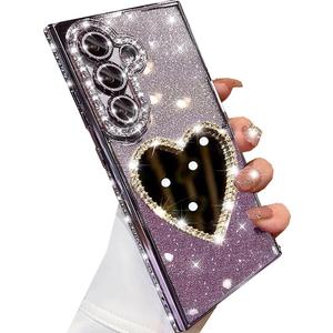 for Samsung Galaxy S25 Plus Glitter Mirror Case, Cute Luxury Diamond Heart Makeup Mirror Bling Sparkly Rhinestones with Camera Protector TPU Bumper Women Girls Case for Galaxy S25 Plus,Purple