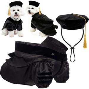 Huhumy 3 Pcs Dog Cat Graduation Doctoral Costume Set, 2026 Pet Phd Graduation Cap and Deluxe Doctoral Gown with Hood Side Tam Puppy Kitty Dogs Grad Holiday Party Costume Accessory(Black,M)